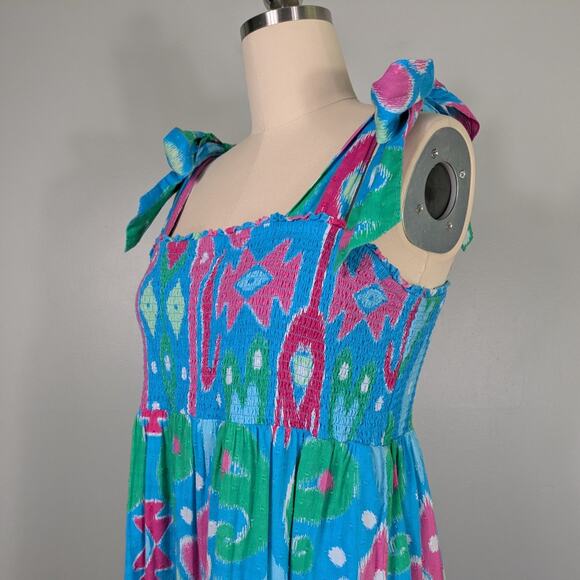 Crown Ivy Maxi Dress XL Blue Pink Ikat Smocked Tie Tiered Swiss Dot Beach Preppy - Picture 5 of 14